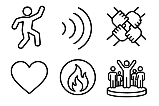 Unity through Dance. Harambee chant outline set. dancing figure, sound waves, unity chain, heart symbol, fire circle, community stage