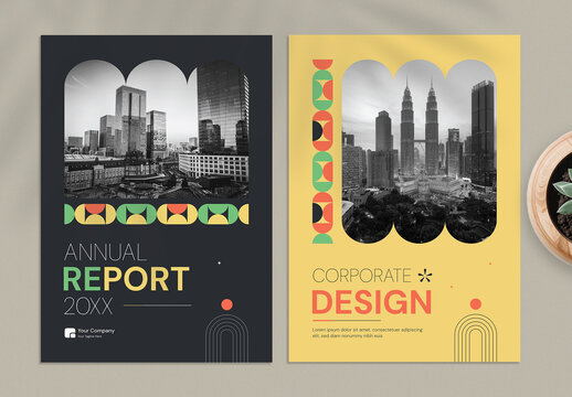 A4 Business Corporate Annual Report Cover Template with Black and Yellow Geometric Layout