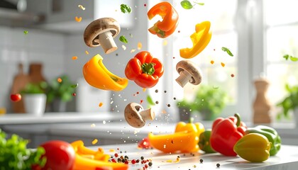 Colorful vegetables in the air, kitchen, food, healthy eating, and cooking