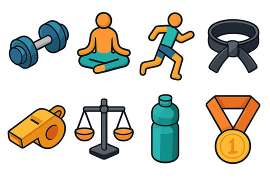 Fitness Icon Set. Physical Discipline isometric set. dumbbell, yoga pose, running figure, martial arts belt, whistle, balance scale, water bottle, medal.