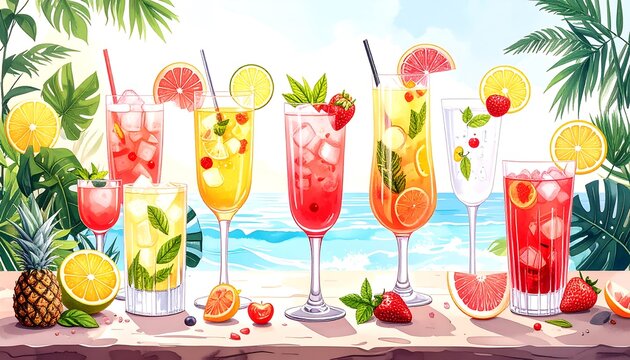 Vibrant tropical cocktails by the beach - Powered by Adobe