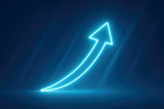 Bright blue neon arrow curving upwards on a dark background with light rays curve growth - Powered by Adobe