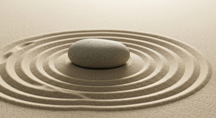 Naklejka premium Zen garden detail smooth stone centered on raked, circular sand ripples