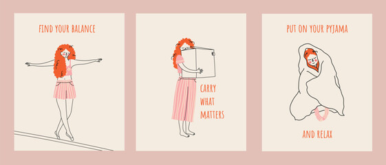 Minimal self-care illustration set with red-haired woman. Balance, mindfulness and relaxation concept