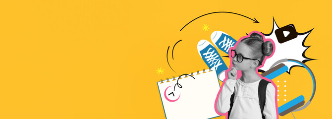 Fototapeta premium A girl wearing glasses and a backpack stands thoughtfully against a bright yellow background. Surrounding her are playful elements like sneakers and doodles, creating a fun and energetic scene.