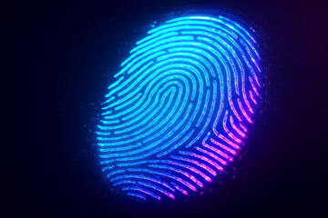 Close-up of a neon fingerprint with blue and pink light on a dark background glowing