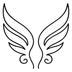 Naklejka premium Single angel wing black outline side view, layered feathers on white background