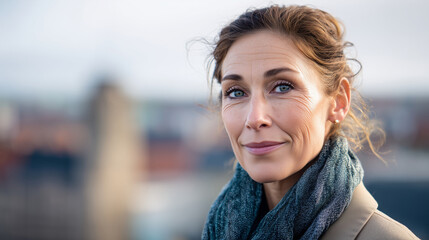 a well dressed business woman in her early 50's, standing looking directly at the camera. Setting is a danish city, background slightly out of focus. The woman is serious but with