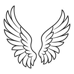 Obraz premium Feathered angel wings black outline, spread symmetrical vector on white