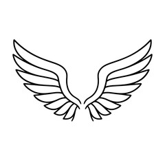 Obraz premium Angel wings spread black outline with layered feathers on white background