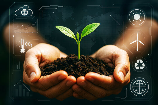 Close-up of Hands Holding Sprout with Global Environmental Data Interface plant seedling