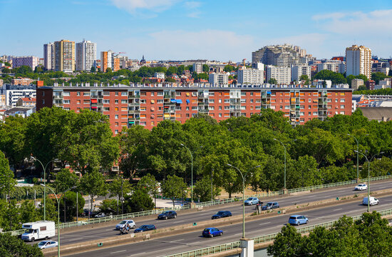 Aerial view of the Boulevard P&eacute;riph&eacute;rique (Paris ring road) on a viaduct in Porte de Pantin, Paris, France