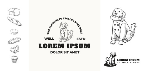 Bakery logo with illustration of sitting dog biting bread. With hand drawn design type of bread collection set for menu, label, content post, print element, and shop sticker