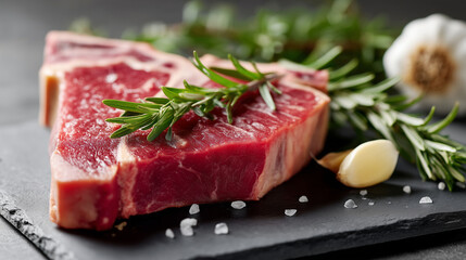 Close-up of a raw T-bone steak on a black slate plate, soft morning light emphasizing the fresh red color, sprigs of rosemary and garlic cloves arranged naturally, muted dark backg