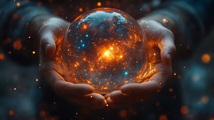Hands holding a glowing sphere filled with cosmic dust and starlight