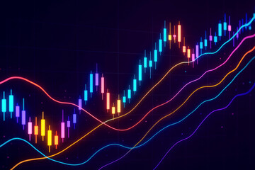 Colorful stock market candlestick chart with moving averages on dark background trading finance