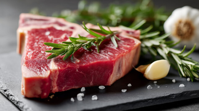 Close-up of a raw T-bone steak on a black slate plate, soft morning light emphasizing the fresh red color, sprigs of rosemary and garlic cloves arranged naturally, muted dark backg