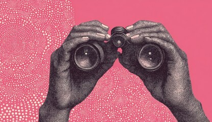 Vintage of two hands holding binoculars against a pink dotted abstract