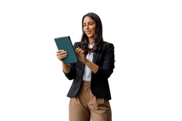 Businesswoman standing, smiling, using digital tablet, engaging with modern mobile technology, transparent background