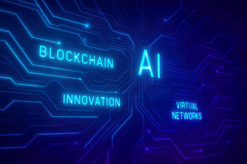Digital circuit board with glowing neon text for AI blockchain innovation and virtual networks artificial intelligence