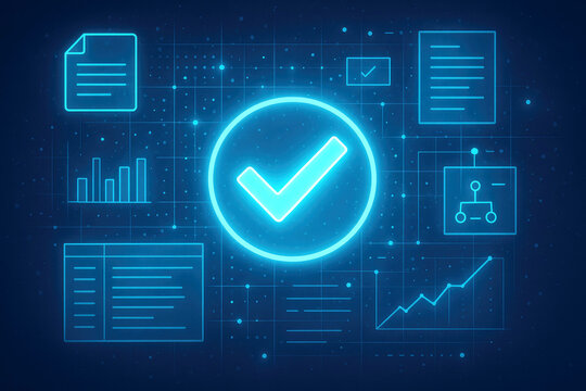 Digital confirmation and data visualization with checkmark and various charts APProval success - Powered by Adobe
