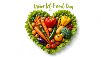 Heart shaped arrangement of fresh vegetables and fruits for world food day 2022 isolated on white background