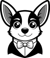 Chihuahua wearing bowtie, vector icon, black and white, white background