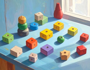 Colorful wooden blocks toys arranged on a blue surface, abstract artistic view