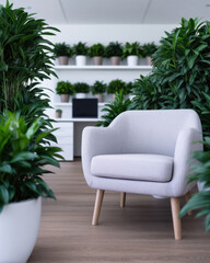 Mental Health Workplace Concept,Mental health focused workplace interior with comfortable modern armchair and green potted plant bright office