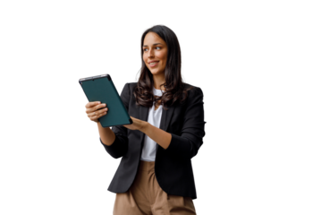 Businesswoman standing, smiling and using digital tablet, communicating, technology and corporate innovation concept