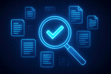 Digital Magnifying Glass Over Documents with Check Mark on Dark Grid Background data analysis document review