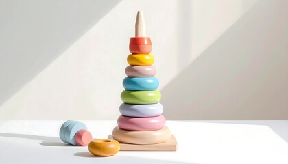 Colorful Wooden Stacking Toy on White Background, Ideal for Kids' Learning