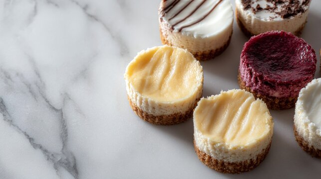 Mini cheesecakes in different flavors sit on a marble surface, perfect for small bites and mindful eating