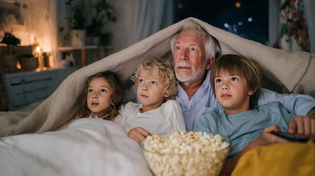Grandfather and two grandchildren snuggled under a blanket, enjoying a movie night together, creating cherished family memories and emotional connections