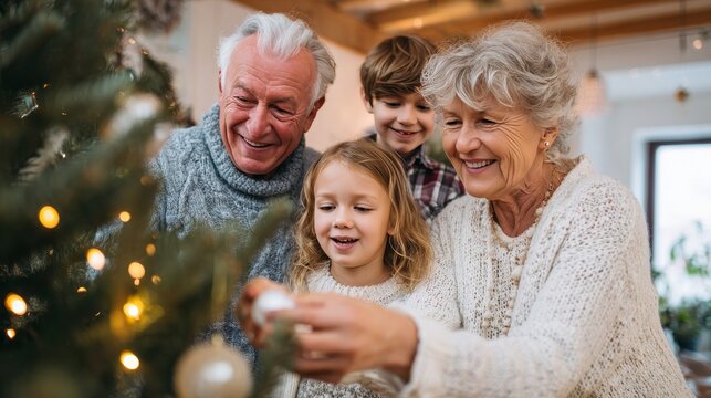 Interracial grandparents joyfully decorating Christmas tree with grandchildren, showcasing multigenerational family life and emotional connections during holidays