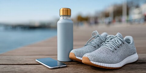 Walking shoes, reusable water bottle, and smartphone on wooden deck by the water for healthy lifestyle concept