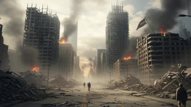 vast war-torn cityscape lies in ruins under smoky sky Crumbling buildings burn while rubble chokes the streets Scattered figures walk through the devastating aftermath highlighting human fragility