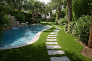 Obraz premium Lush Synthetic Lawn Laid Anew Alongside Walkway and Swimming Pool for a Stunning Outdoor View