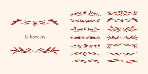 Set of autumn decorative borders in warm palette. Hand drawn ornament dividers with leaves, foxes, mushrooms, and stars. Vector elements for cards, posters, invitations