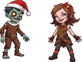 Christmas zombie cartoon character with Santa hat, festive horror girl illustration, spooky holiday fantasy art, creepy funny undead celebration design