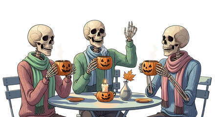A trio of festive skeletons, adorned in scarves, share a convivial autumn gathering, enjoying warm beverages from pumpkin-shaped mugs amidst a cozy fall setting