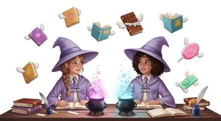 Two young witches writing at a desk, surrounded by floating spellbooks and magical effects.