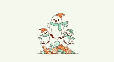 Delightful cartoon ghosts in festive winter hats and scarves, surrounded by a vibrant pile of swirled candies, embodying a sweet and whimsical holiday spirit
