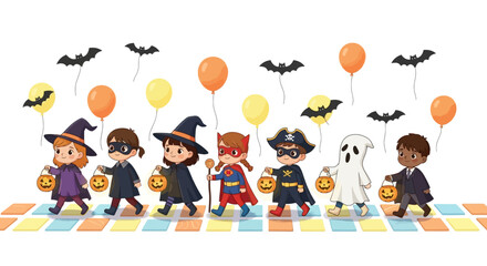 Halloween Parade Children in Costume with Candy Buckets, Bats and Balloons