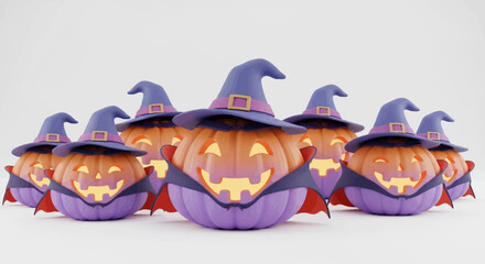 A group of smiling jack-o'-lanterns wearing purple witch hats and vampire capes for Halloween.