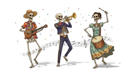 Three festive skeletons playing musical instruments with confetti falling around them during a vibrant celebration.