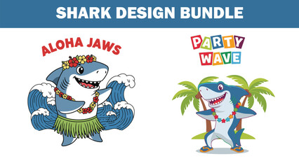 Two cartoon sharks with tropical decorations on white background bundle design