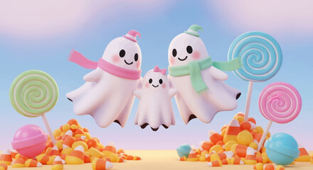 A whimsical trio of cartoon ghosts, two adults and a child, adorned with colorful scarves and hats, float joyfully amidst a festive Halloween candy landscape...