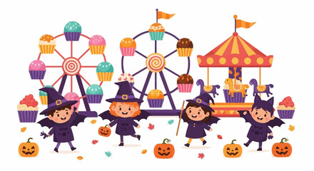 Playful cartoon illustration of children in witch costumes enjoying a Halloween carnival scene, with pumpkins and rides.