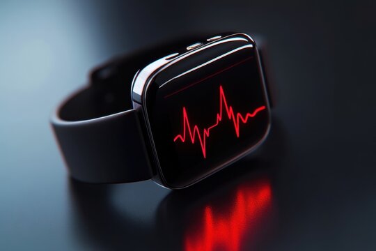 Smartwatch displaying heart rate data on a sleek black surface in a dimly lit setting